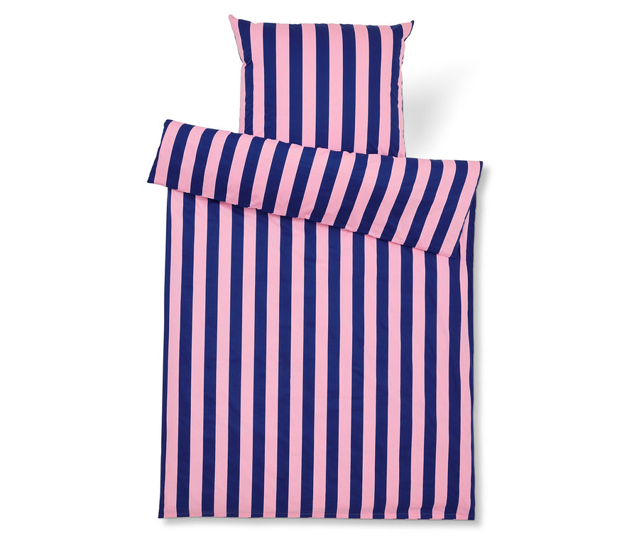 Bettwäsche-Set mit blau-rosa Streifen, bestehend aus einem Kissenbezug und einem Bettbezug.