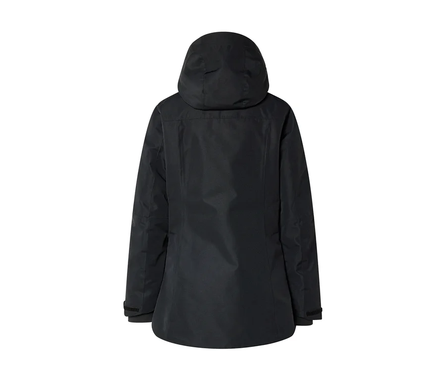 Schwarze Jacke mit Kapuze, von hinten gesehen. Die Ärmelbündchen sind verstellbar.