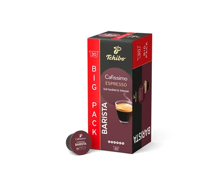 Eine Packung Cafissimo BARISTA Espresso - 30 Kapseln steht neben einer einzelnen Kapsel.