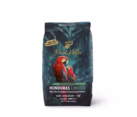 Dunkelgrüne Kaffeepackung Privat Kaffee Limited Edition Honduras mit tropischem Design und zwei roten Aras.