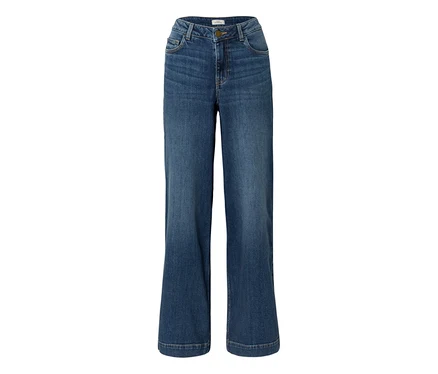 Blaue High-Waist Jeans mit weitem Bein, Knopf- und Reißverschluss sowie Vordertaschen.