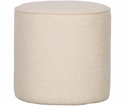 Cremefarbener zylindrischer Hocker mit strukturiertem Stoff.