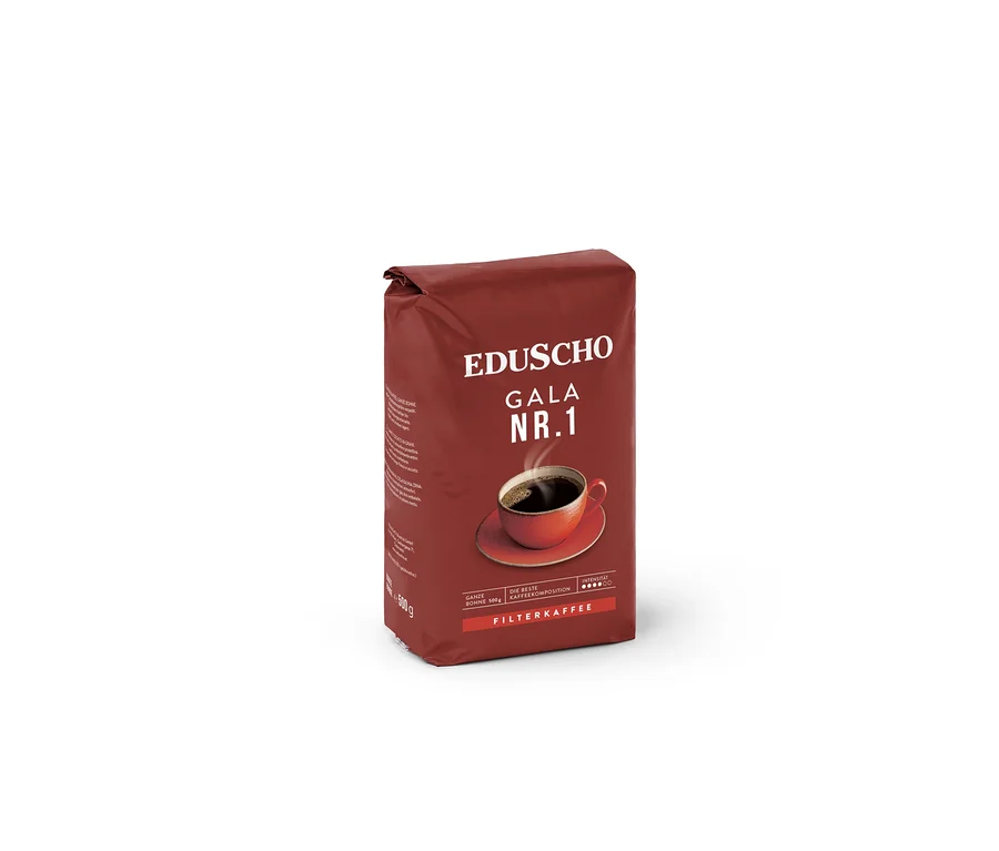 Braune Packung Eduscho Gala Nr. 1 mit Kaffeetasse.