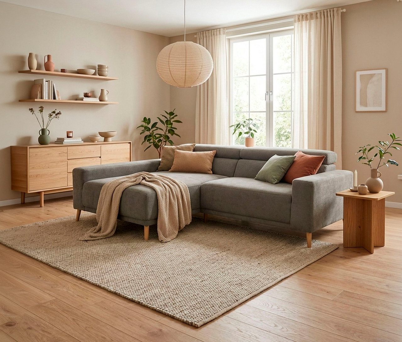 Gemütliches Wohnzimmer mit grauem Ecksofa, beigem Teppich und Holzmöbeln. Ein runder Papierlampenschirm hängt von der Decke.
