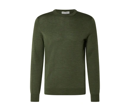 Olivgrüner Pullover mit Rundhalsausschnitt und langen Ärmeln, feingestrickt mit Rippbündchen.