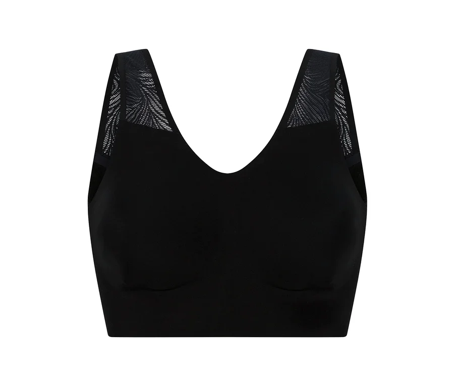 SCHIESSER Bustier mit Spitze in Schwarz, mit V-Ausschnitt und gemusterten Trägern.
