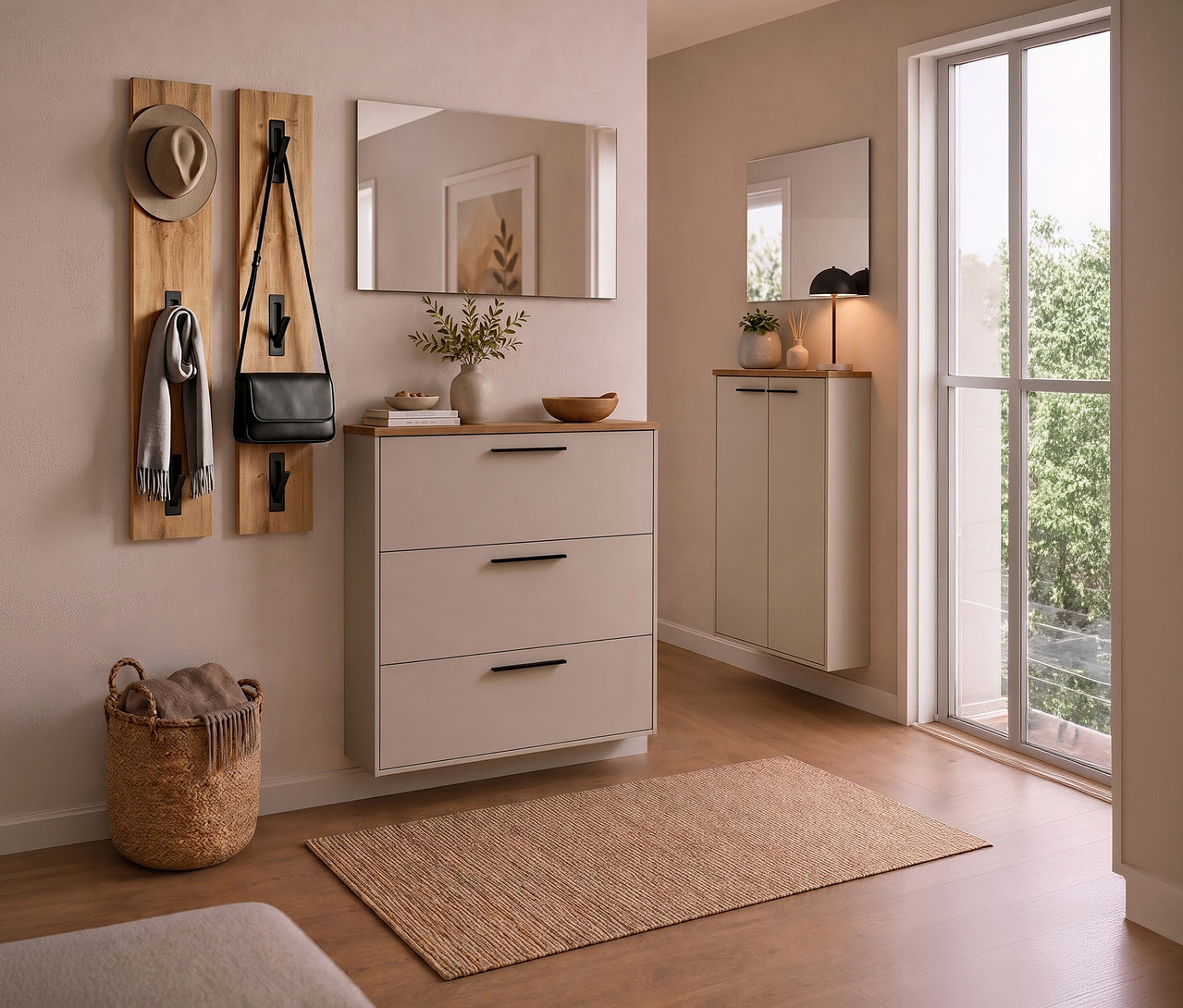 Ein moderner Eingangsbereich mit hellgrauen Möbeln, Holzdetails und einem großen Fenster. Links halten Holzpaneele an der Wand einen Hut, einen Schal und eine schwarze Tasche über einem geflochtenen Korb. Eine Kommode mit drei Schubladen und einem Spiegel darüber steht in der Mitte. Rechts daneben befindet sich ein schmaler Schrank mit einer Lampe und einem weiteren Spiegel neben einem Fenster mit Blick auf Bäume. Ein Jute-Teppich liegt auf dem Holzboden.
