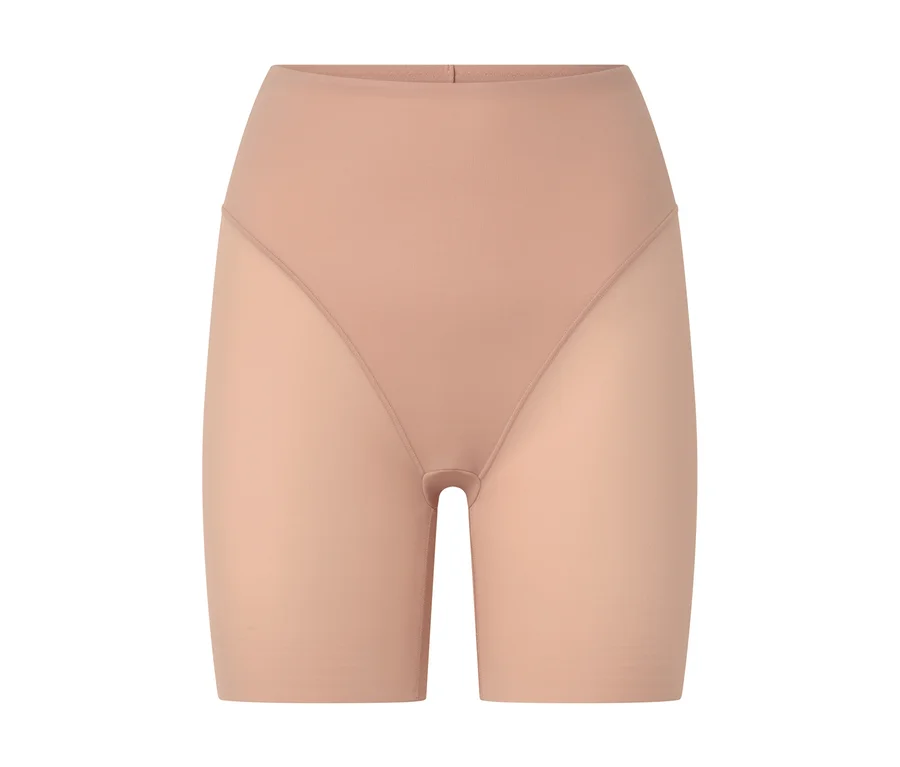 Beige Shapewear-Shorts mit hoher Taille und transparenten Beinen.