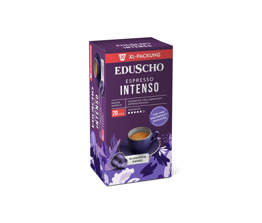 Eine Packung Eduscho Espresso Intenso Kaffeekapseln mit einer Tasse Kaffee und einer Kapsel.