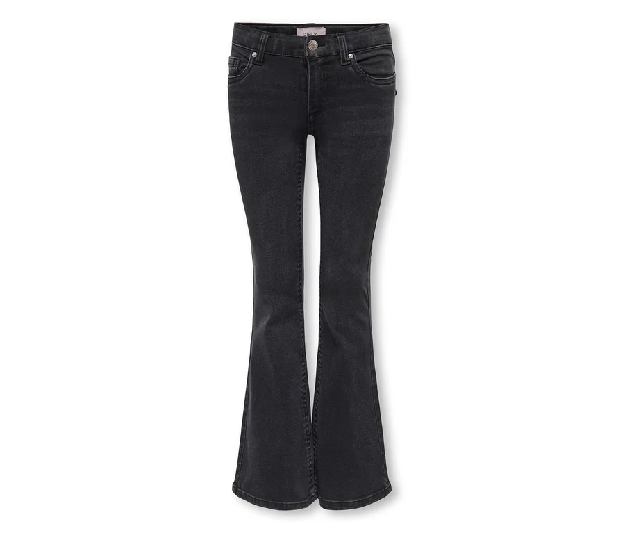 Dunkelgraue Schlagjeans mit Knopf- und Reißverschluss, fünf Taschen und verwaschenem Denim-Look.