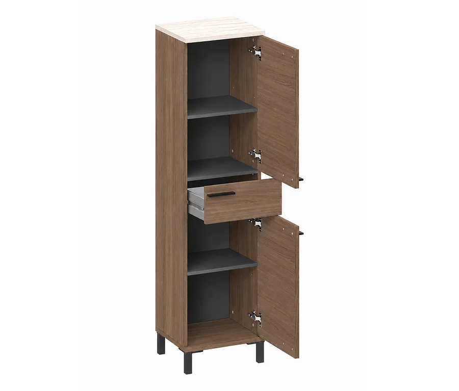 Großer Badschrank »Ston« in brauner Holzoptik mit heller Oberplatte, zwei offenen Türen, einer geöffneten Schublade und dunkelgrauen Einlegeböden.