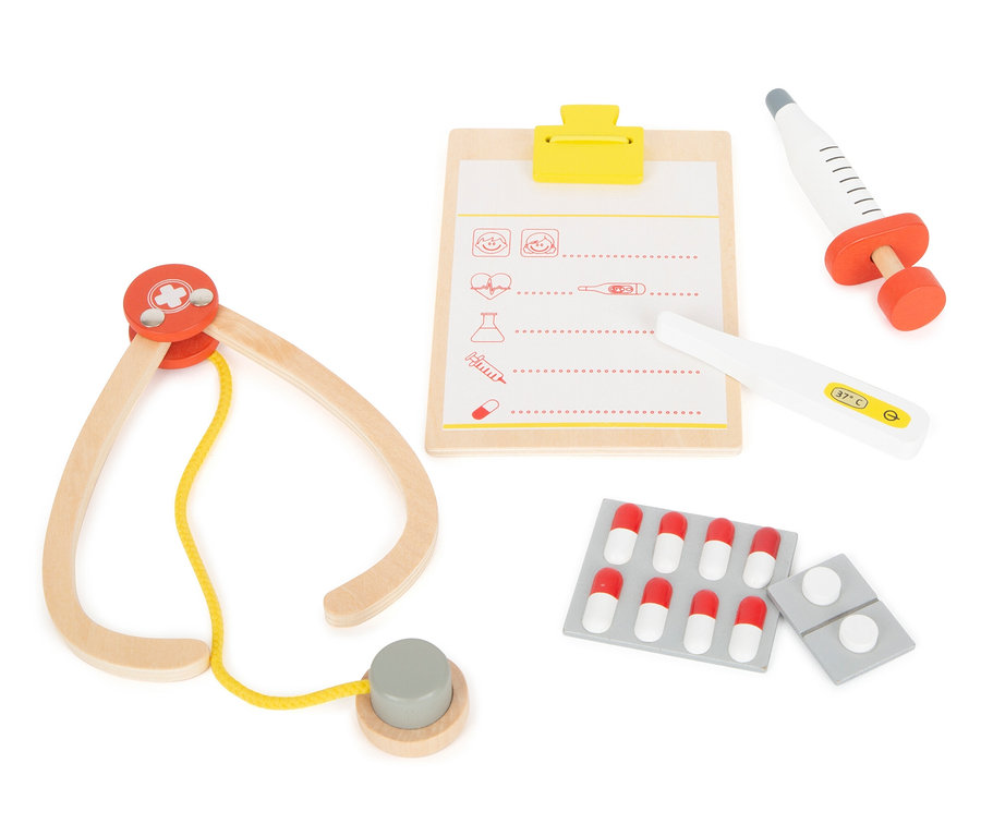 Ein Spielzeug-Arztkoffer mit Stethoskop, Thermometer, Spritze, Blisterpackung mit Pillen und Klemmbrett, inklusive small foot Arztkoffer Zahnarzt.