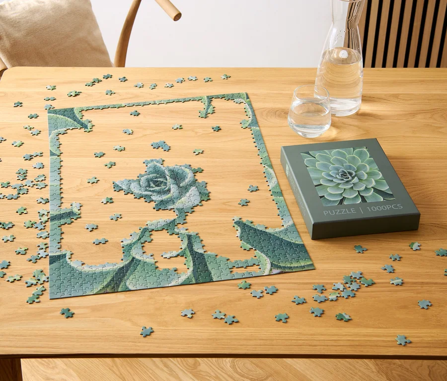 Ein teilweise zusammengesetztes Puzzle »Sukkulente« liegt auf einem Holztisch neben einer Schachtel mit Sukkulentenmotiv, einem Glas und einer Karaffe Wasser.