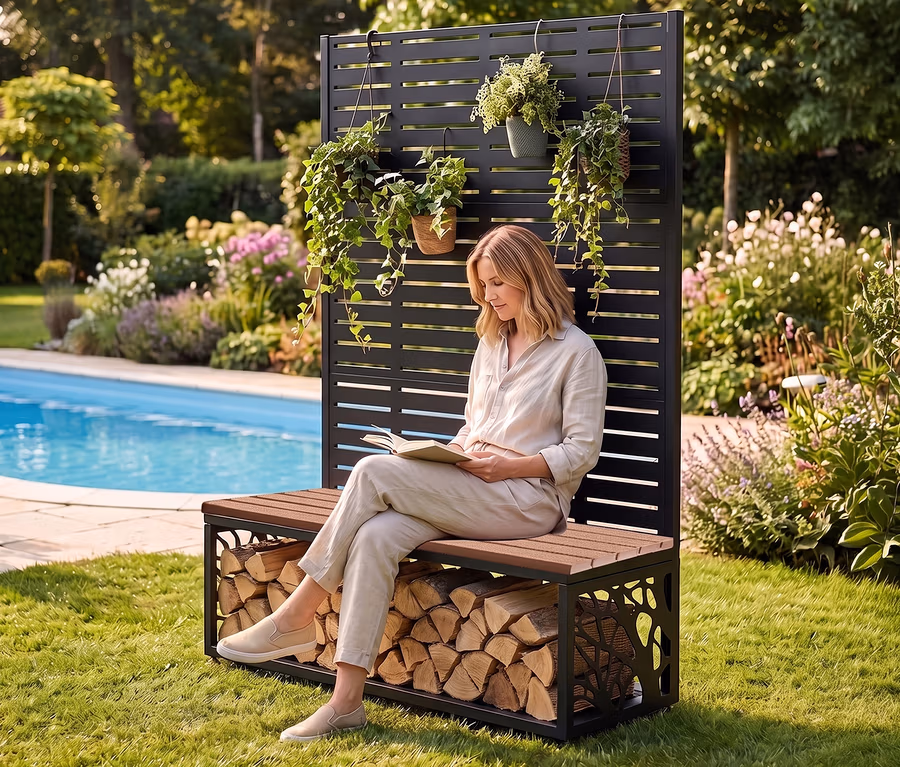 Frau liest ein Buch auf einem Sichtschutz mit Sitzbank und Kaminholzregal, der neben einem Pool im Garten steht.