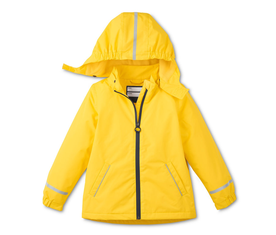 Gelbe Thermo-Regenjacke aus recyceltem Material mit Kapuze.