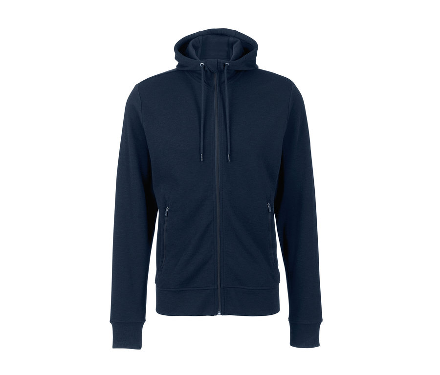 Dunkelblaue Funktionsjacke mit Kapuze und Reißverschluss. Produkt: Funktionsjacke mit Merinowolle.