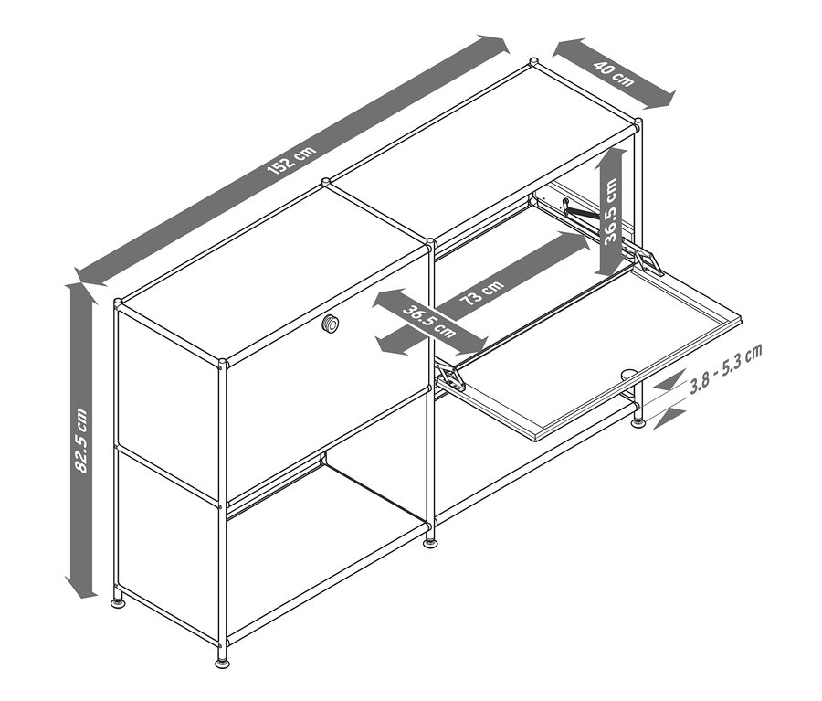 Schema eines Metallsideboards CN3 mit zwei Klappfächern und Maßangaben.