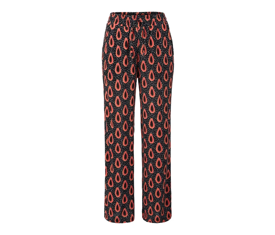 Schwarze Schlupfhose mit orangefarbenen und weißen Mustern.