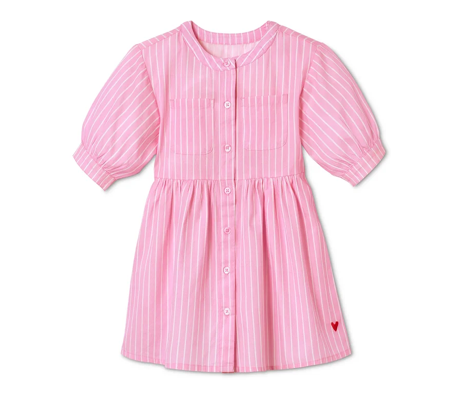 Rosa-weiß gestreiftes Web-Kleid mit Knöpfen und kurzen Ärmeln.