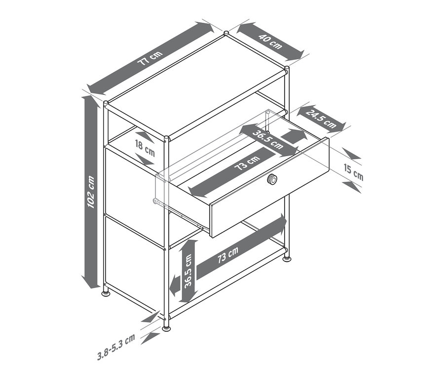 Illustration einer grauen Metallkommode »CN3« mit 2 Schubladen und Abmessungen.