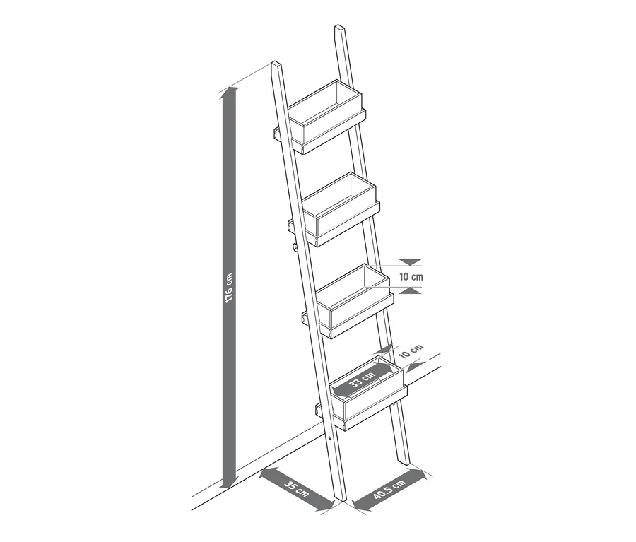 Illustration einer zusammenklappbaren Pflanzleiter mit Pflanzkästen.