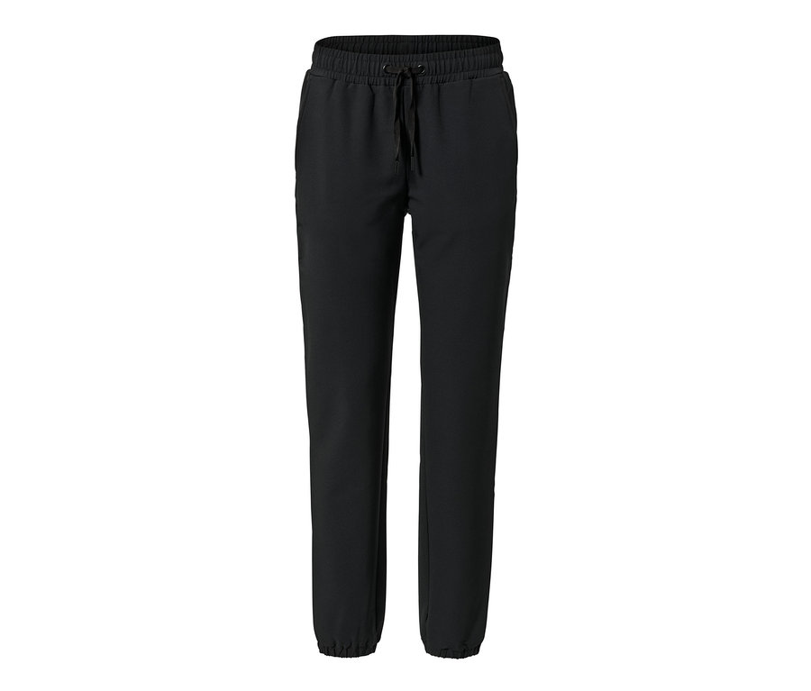 Eine schwarze Softshell-Joggpants mit Kordelzug in der Taille.