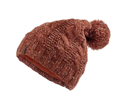 Eine braune Strickmütze mit Bommel.
