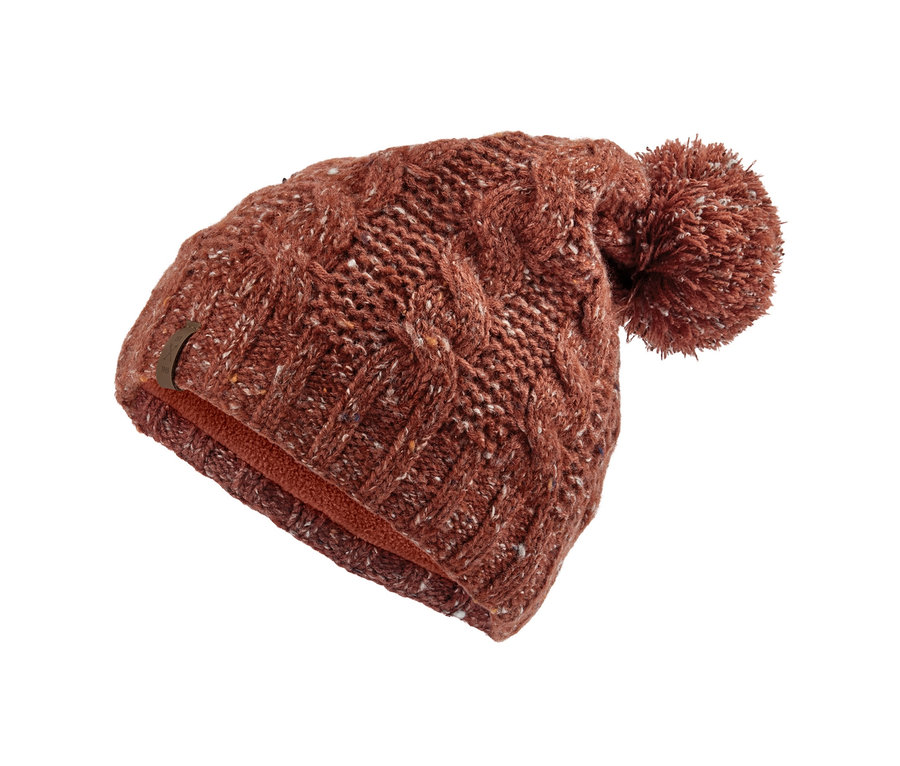 Eine braune Strickmütze mit Bommel.