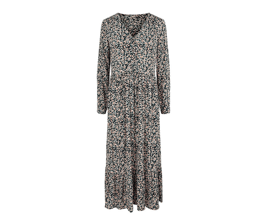 Ein schwarzes Maxi-Kleid mit Blumenmuster.