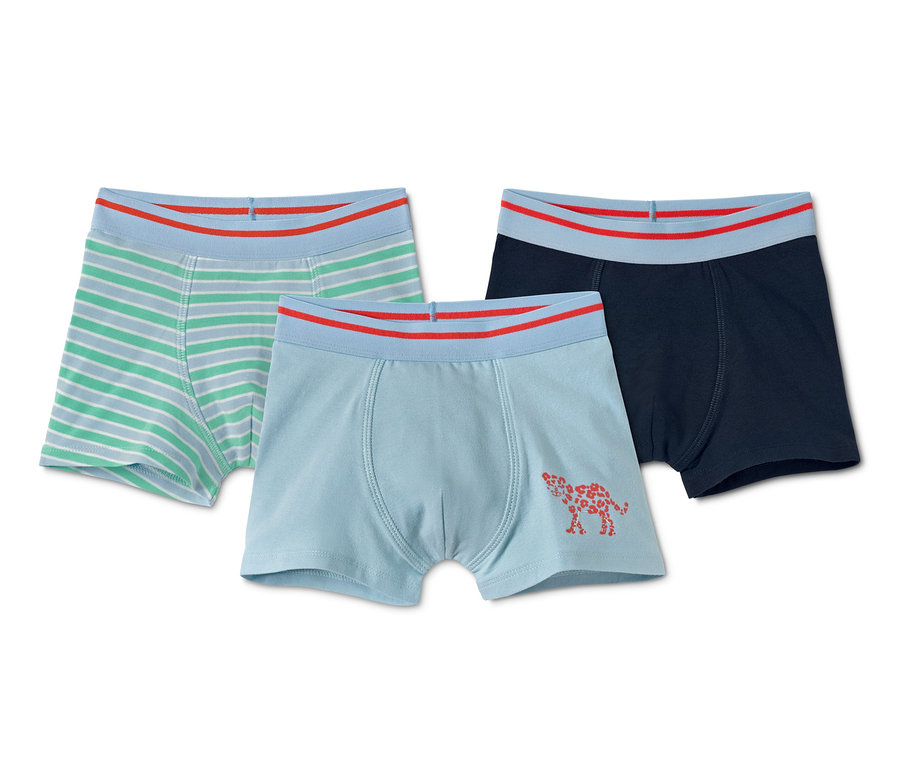 Drei Slipboxer: eine hellblau gestreift, eine hellblau mit Tiermuster, eine dunkelblau.