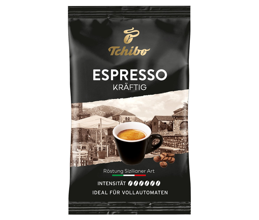 Auf der Verpackung des Caffè Crema & Espresso Probierset - 4x 100 g Ganze Bohne ist eine Tasse Espresso vor einem italienischen Straßencafé abgebildet.