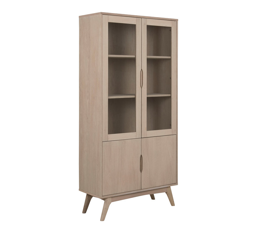Beige Vitrine "Marte" mit Glastüren und Regalen.