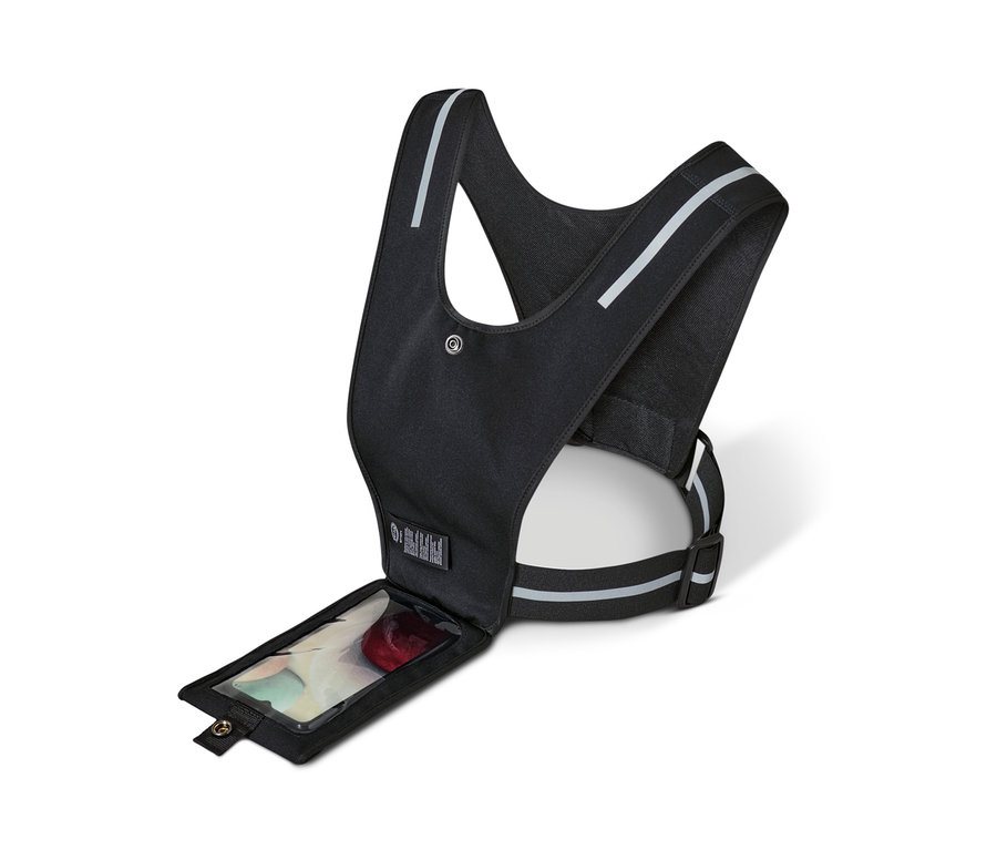 Schwarze Laufweste Smartphone mit durchsichtiger Handytasche.