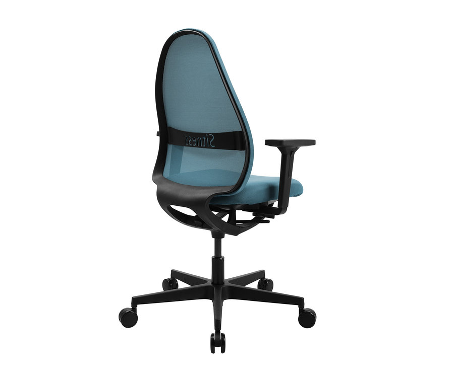 Rückansicht des blauen Topstar »SOFT SITNESS ART« Stuhls mit schwarzem Rahmen und fünf Rädern.