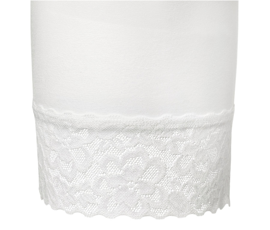 Detailansicht von weißen Radlershorts mit Spitzenborte.