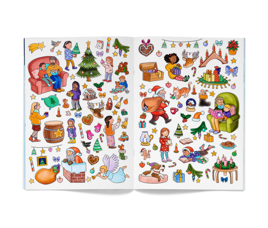 Offenes Buch mit Weihnachtssticker zeigt Leute, Weihnachtsbäume, Geschenke und Dekorationen, inklusive "Mein Stickerbuch »Weihnachten«".