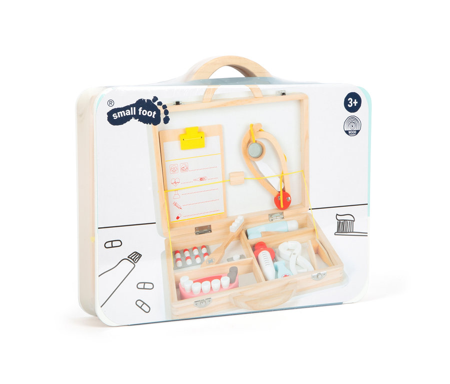 Offener small foot Arztkoffer Zahnarzt mit medizinischen Instrumenten.