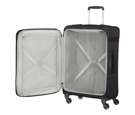 Geöffneter, großer, schwarzer Samsonite CITYBEAT SPINNER.