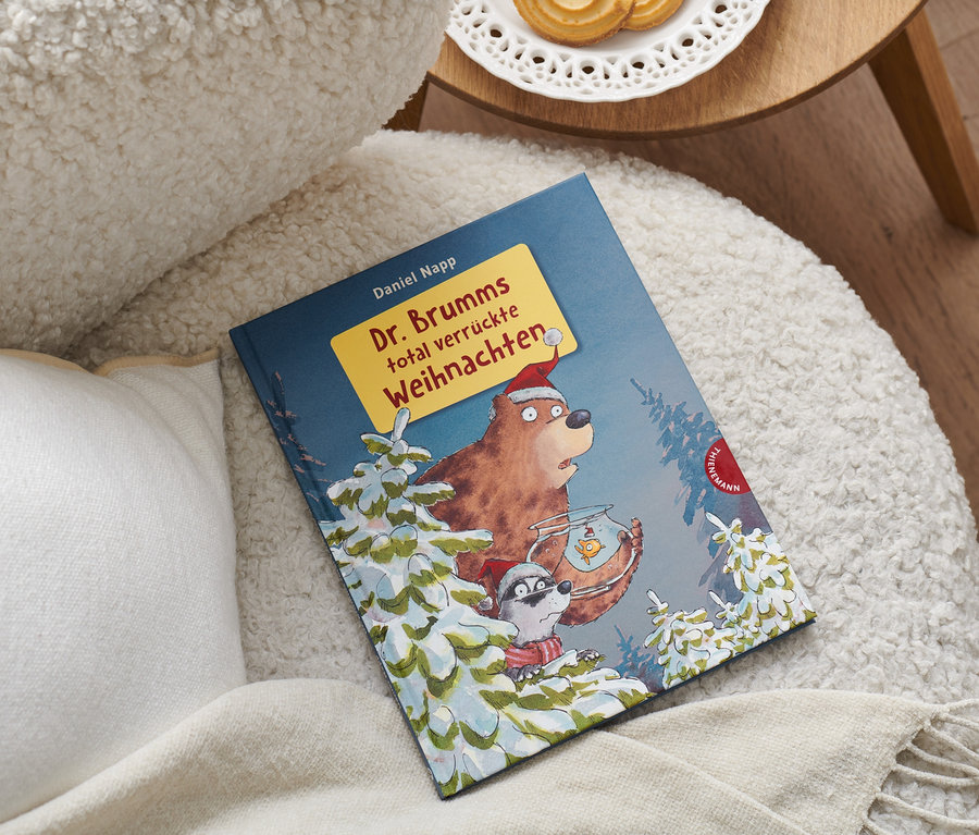 Das Buch »Dr. Brumms total verrückte Weihnachten« liegt auf einem Sessel neben einem Kissen.
