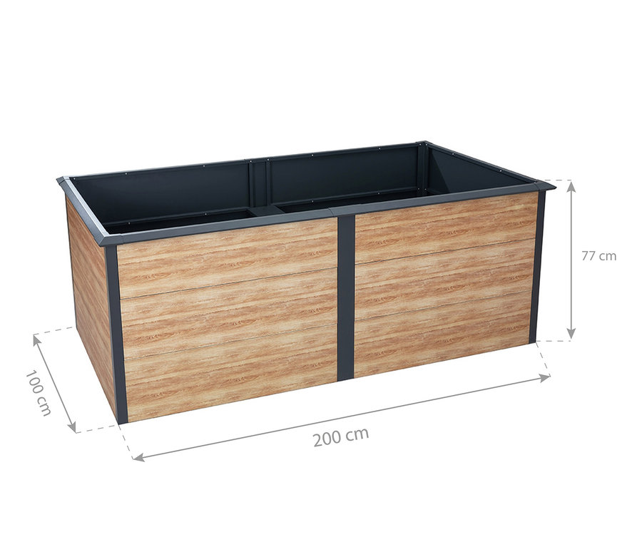 Rechteckiges Hochbeet in Holzoptik mit Schneckenschutz, 200 cm.