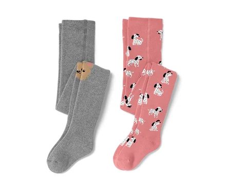 Zwei Kinder-Thermostrumpfhosen, eine rosa mit Hundemuster, die andere grau mit Bärenapplikation.