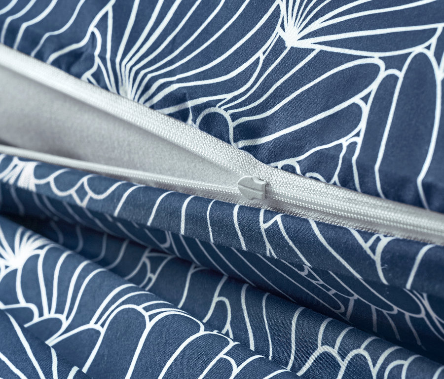 Detailansicht der blauen Microfaser-Bettwäsche mit Muschelmuster und Reißverschluss.