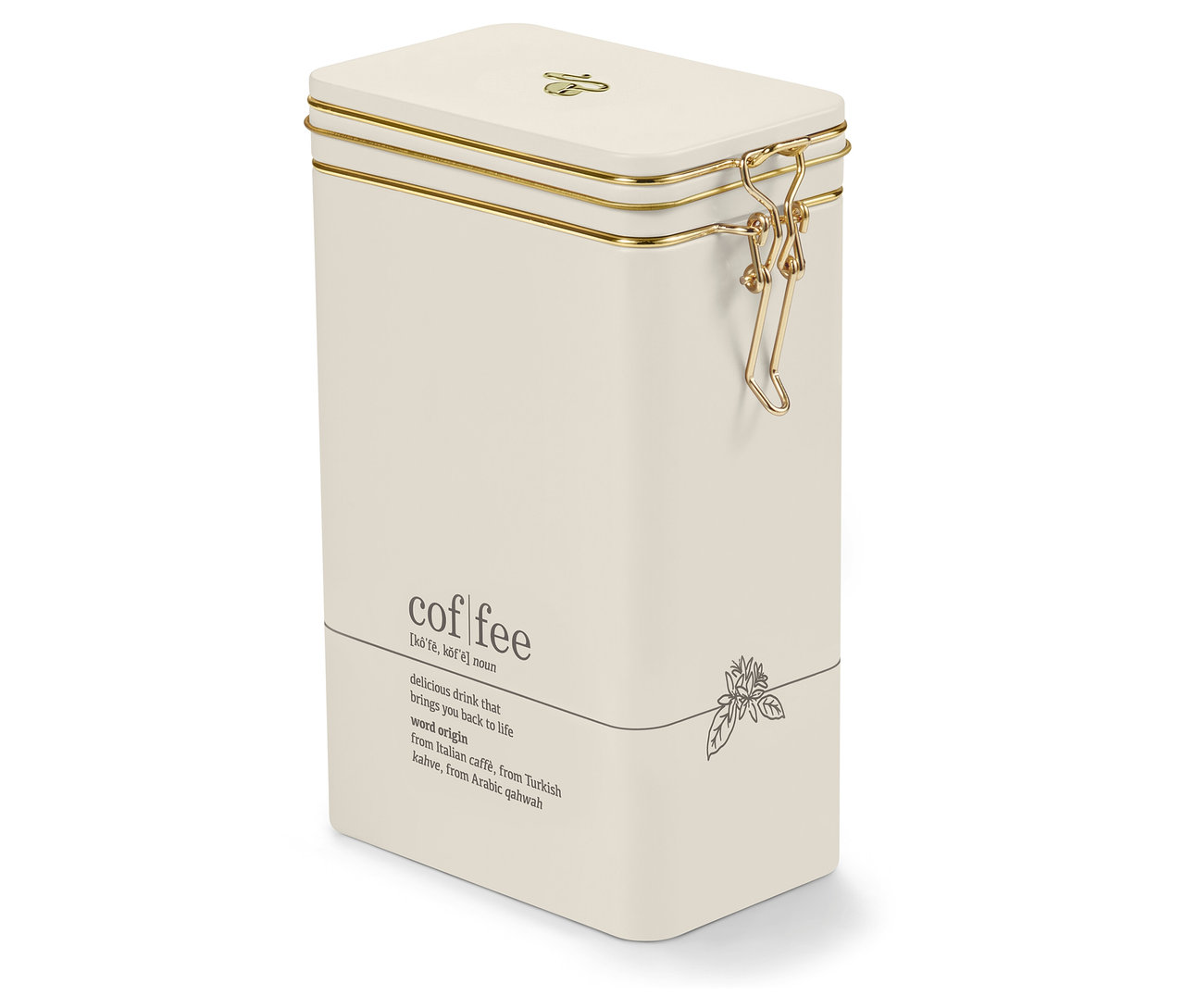 Eine cremefarbene Kaffeedose, coffee dictionary mit der Aufschrift coffee und goldenen Details.