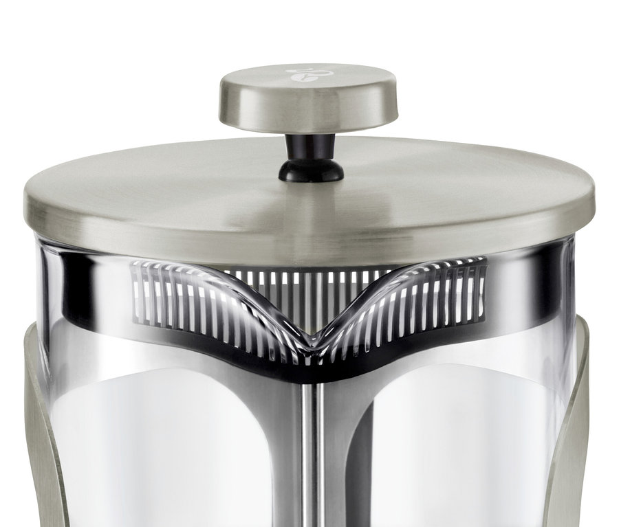 Detail einer silbernen Siebstempelkanne 800 ml für 6 Tassen.