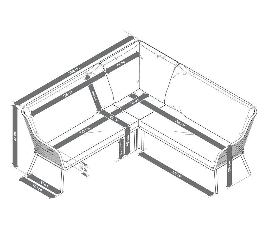 Skizze einer Lounge-Ecke mit Textilgeflecht und Abmessungen.