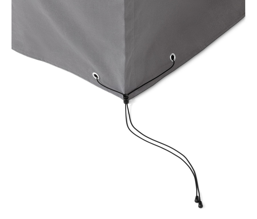 Detailansicht einer grauen Premium-Abdeckhaube für Strandkorb XL mit Kordelzug.