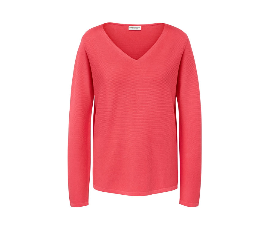 Korallefarbener Strickpullover mit V-Ausschnitt.