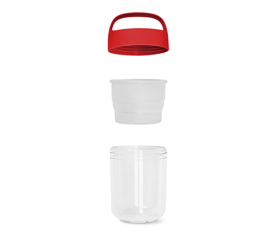 Zerlegte Dose mit rotem Deckel und weißem Einsatz.