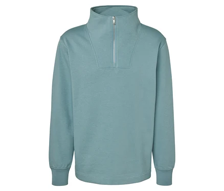 Hellblaues Sweatshirt mit kurzem Reißverschluss.