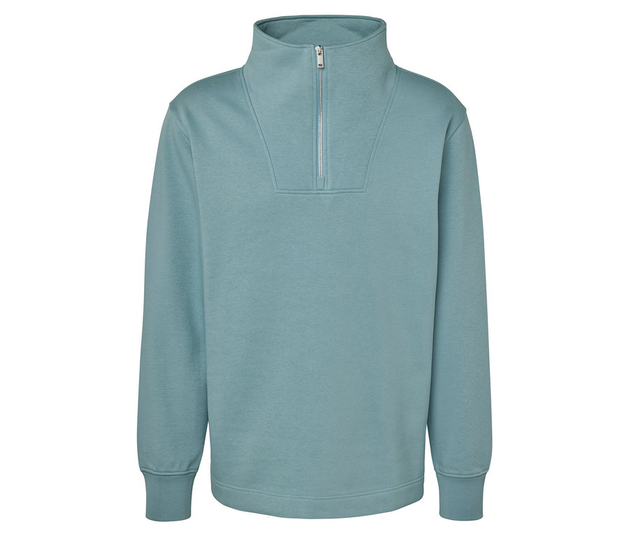 Hellblaues Sweatshirt mit kurzem Reißverschluss.
